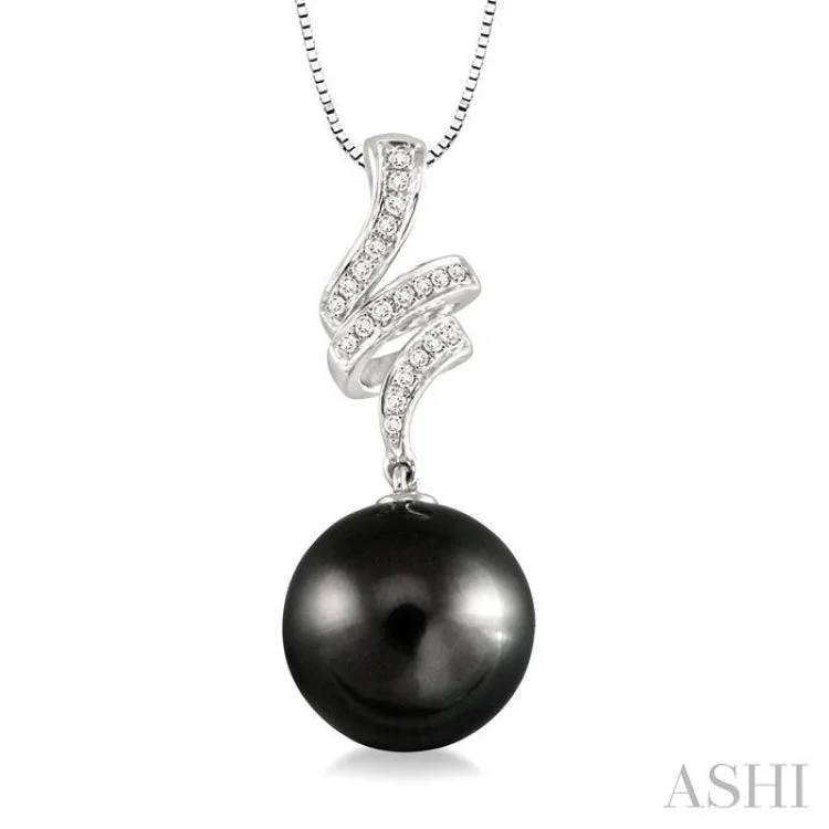 10x10MM Black Cultured Pearl and 1/8 Ctw Round Cut Diamond Pendant in 14K White Gold with Chain