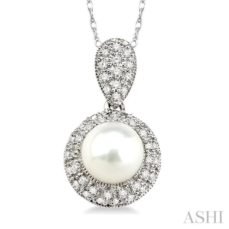 6.5 MM Cultured Pearl and 1/4 Ctw Single Cut Diamond Pendant in 14K White Gold with Chain