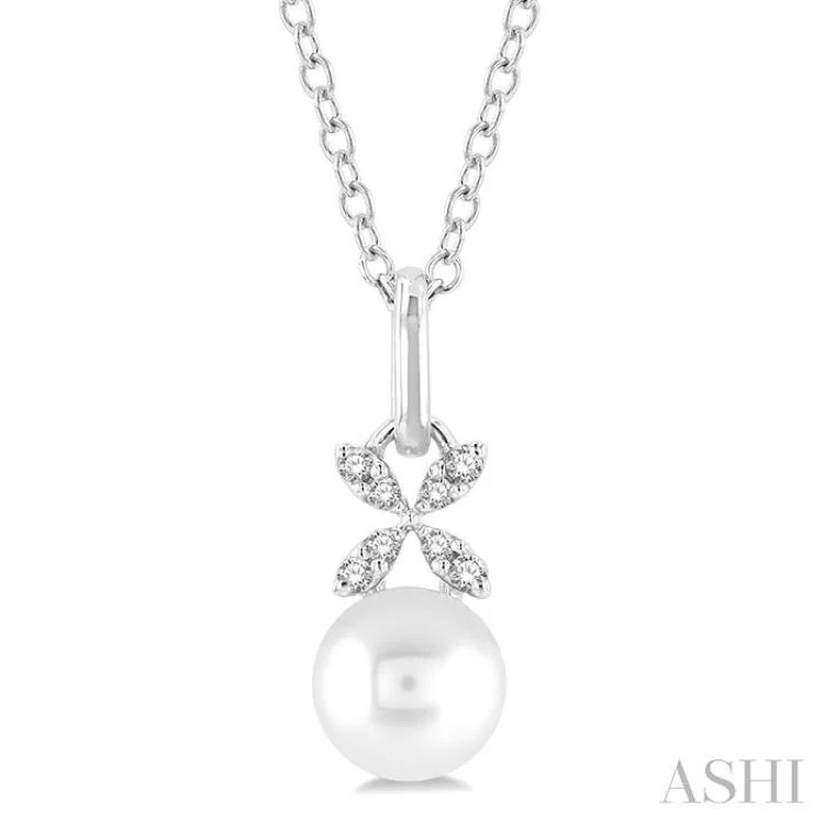 1/50 ctw Petite Floral Round Cut Diamond and 6X6 MM Cultured Pearl Fashion Pendant With Chain in 10K White Gold