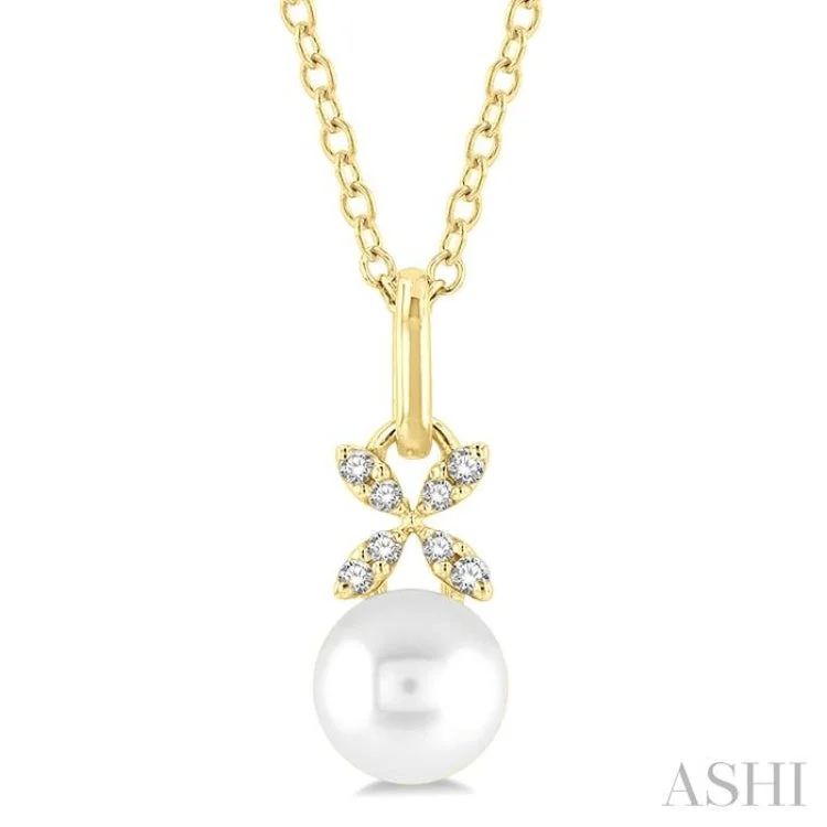 1/50 ctw Petite Floral Round Cut Diamond and 6X6 MM Cultured Pearl Fashion Pendant With Chain in 10K Yellow Gold