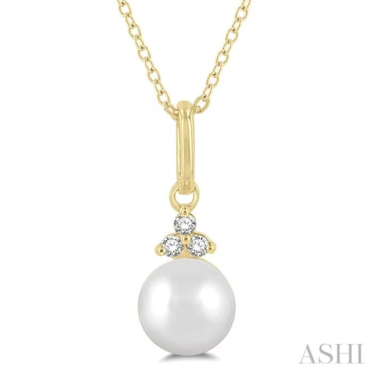 1/50 ctw Petite 6X6 MM Cultured Pearl and Round Cut Diamond Fashion Pendant With Chain in 10K Yellow Gold