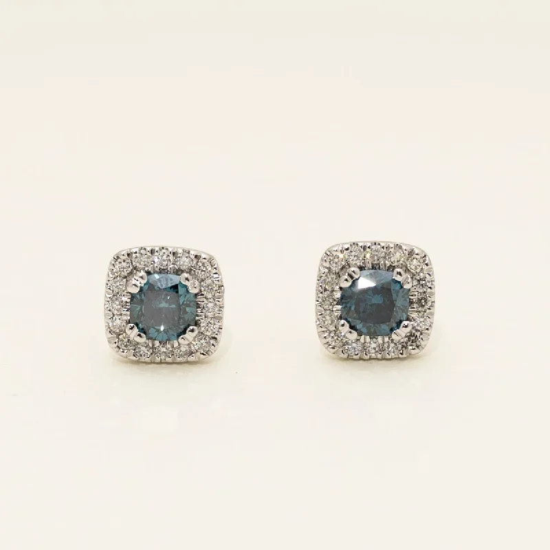 Blue and White Diamond Halo Stud Earrings in 14kt White Gold (1ct tw)