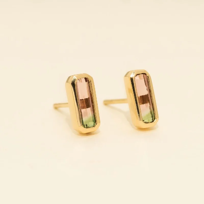 Parlé Emerald Cut Bicolor Tourmaline Bezel Stud Earrings in 14kt Yellow Gold