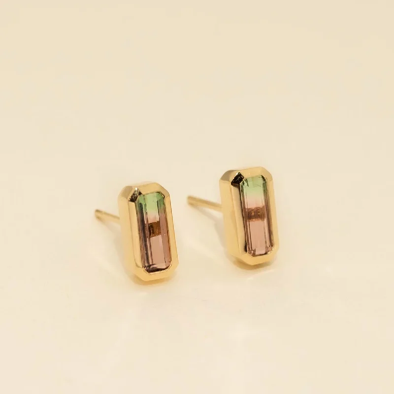 Parlé Emerald Cut Bicolor Tourmaline Bezel Stud Earrings in 14kt Yellow Gold