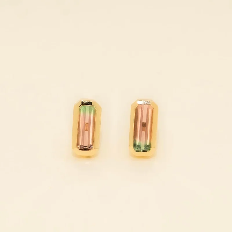 Parlé Emerald Cut Bicolor Tourmaline Bezel Stud Earrings in 14kt Yellow Gold