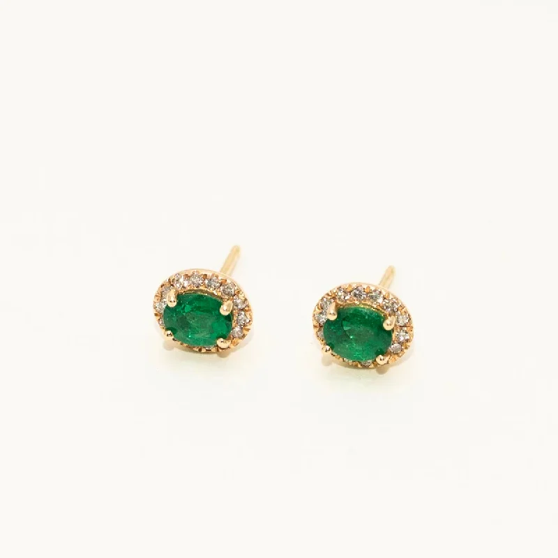 Oval Emerald Halo Stud Earrings in 14kt Yellow Gold with Diamonds (1/7ct tw)