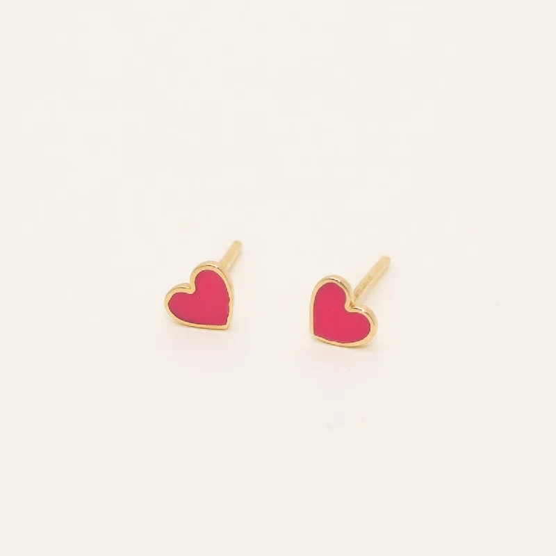 Pink Enamel Heart Stud Earrings in 14kt Yellow Gold