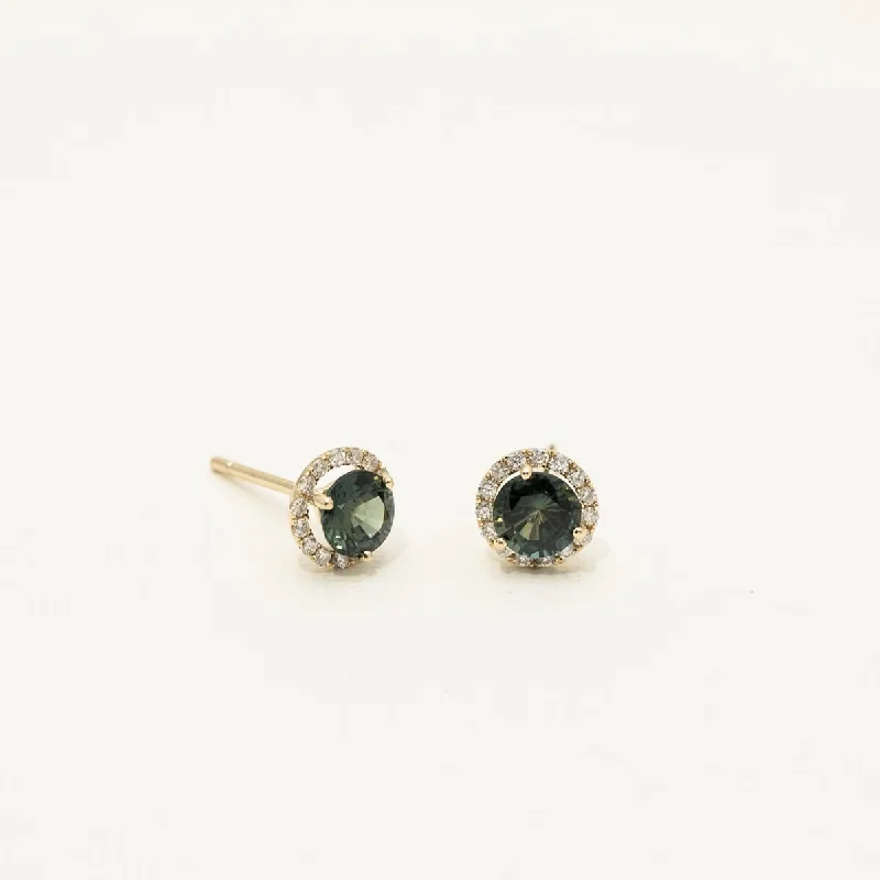 Teal Sapphire Halo Stud Earrings in 14kt Yellow Gold with Diamonds(1/7ct tw)