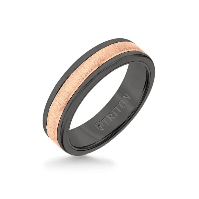 6MM Black Tungsten Carbide Ring - Vertical Satin 14K Rose Gold Insert with Round Edge