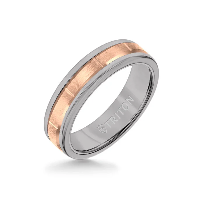 6MM Grey Tungsten Carbide Ring - Vertical Cut 14K Rose Gold insert with Round Edge