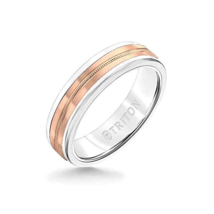 6MM White Tungsten Carbide Ring - Center Milgrain 14K Rose Gold Insert with Round Edge