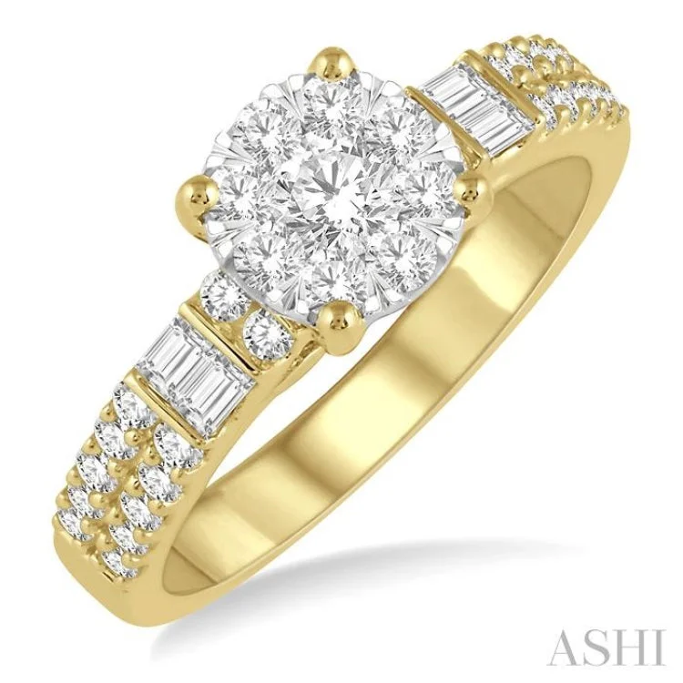 7/8 Ctw Round and Baguette Diamond Lovebright Engagement Ring in 14K Yellow and White gold 7/8 Ctw Round and Baguette Diamond Lovebright Engagement Ring in 14K Yellow and White gold