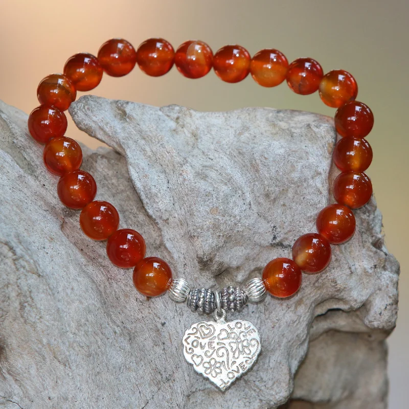 Loving Fantasy Red Carnelian Heart Charm Beaded Bracelet from Bali