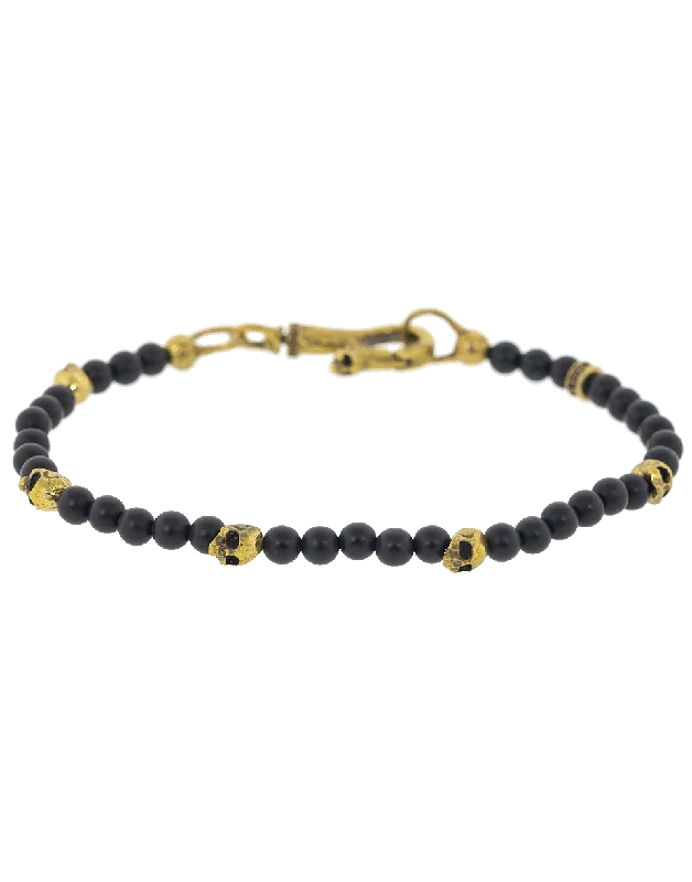 Onyx and Brass Skull Bead Bracelet